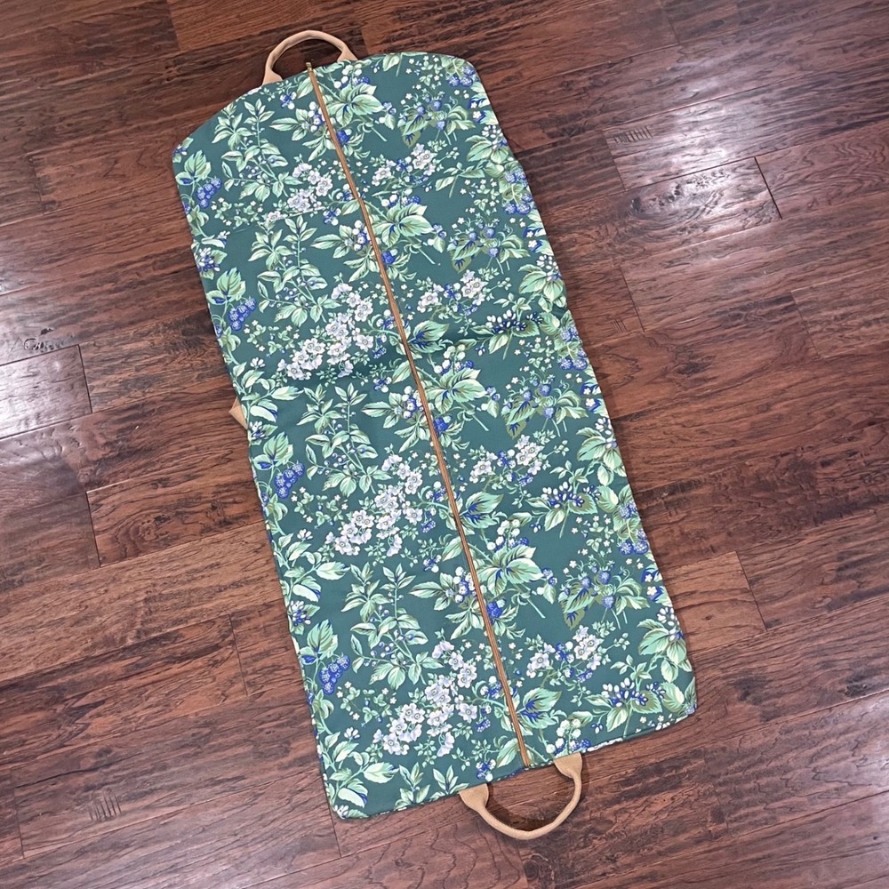 Laura Ashley Garment Bag Vtg Green Floral Berry Bramble Canvas Travel Suit